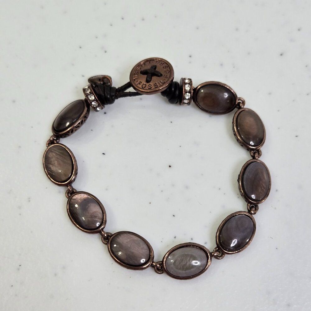 Fossil Bracelet Purple Oval Rhinestone Brown Swirl Pearl Look Copper Tone